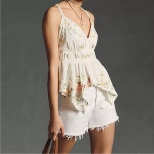 Anthropologie White Embroidered Floral Tie-Front Top